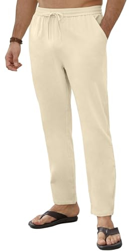 Yutdeng Pantalon Lino Hombre Verano Casual Pantalones de Hombre Largos Ligeros Piernas Rectas Algodón y Lino Pantalones Deportivos Cintura Elástica Cómodos Pantalón Playa Jogging Yoga con Bolsillos