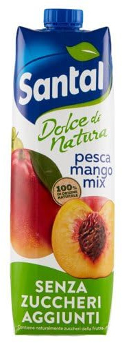 Santal Dolce Natura Succo Pesca e Mango Senza Zuccheri, 1 L, Confezione da 12 Brick