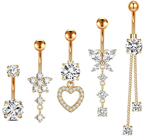 5 st navelpiercing roseguld, hängande navelsmycken i rostfritt stål med blomma, rosett, hjärta och tofshängen för damer och flickor