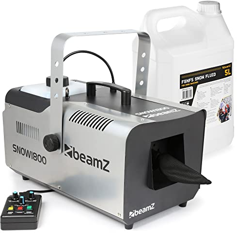 BeamZ SNOW1800 Schneemaschine mit Flüssigkeit, 1800 Watt Schnee Maschine mit Fernbedienung, 5 Liter Schneefluid, Snow Machine, DMX, Timer, mini Schneekanone Garten, Party Gadget, Winter Simulation