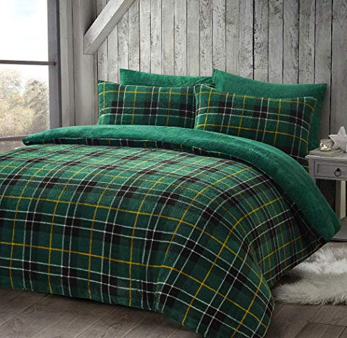 HOMES-LINEN Teddy Bear Fleece Tartan Check Duvet Cover Soft Cosy Warm Checked Teddy Bear Bedding Set (Green, Single)