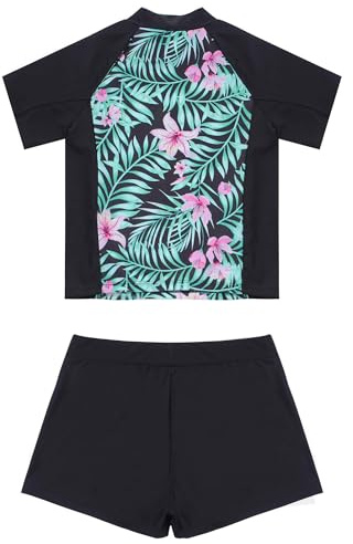 Doomiva Tankini Enfant Fille Maillot de Bain 2 Pièces Anti-UV Bikini de Plage T-Shirt Haut de Bain Floral Short de Bain Ensemble de Sport Surf Natation Survêtement 3-16 Ans Vert Noir 15-16 Ans