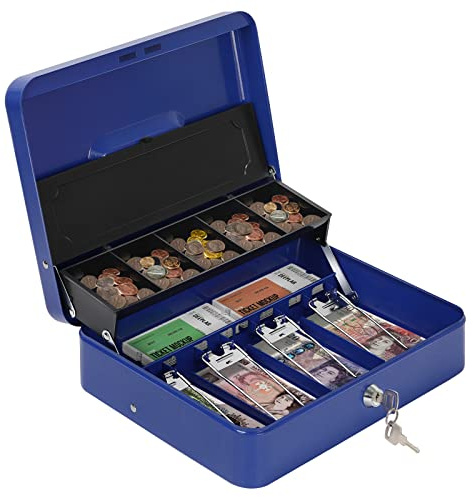 Metal Cash Box with Key Lock & Coin Tray, Money Tin Box for Home Office | Note and Coin Safe Box, Portable, with 2 Keys, 11.8 X 9.4 X 3.5 Inch, Blue