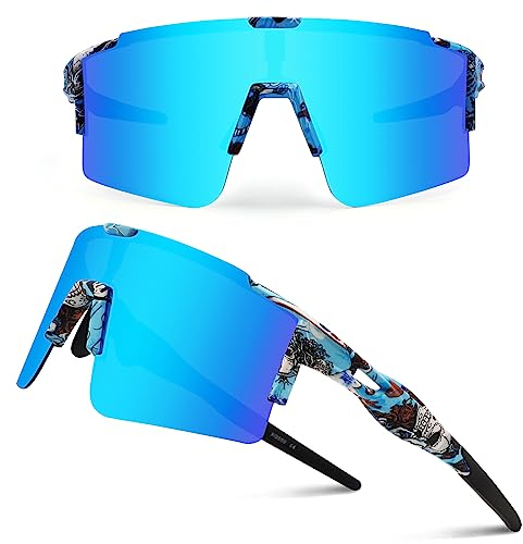 DUDUKING Sonnenbrille Fahrradbrille Herren Damen,Wassertransferdruck Sportbrillen Radsport Brillen für Outdoorsport Radfahren Laufen Golf UV 400 Schutz Baseball Brille (Wassertransfer Blau)