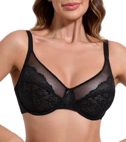 HACI Women's Unlined Minimizer Bra Full Coverage Deep V Underwire Plus Size Lace Everyday Mesh Big Bust(Black,34DDD)
