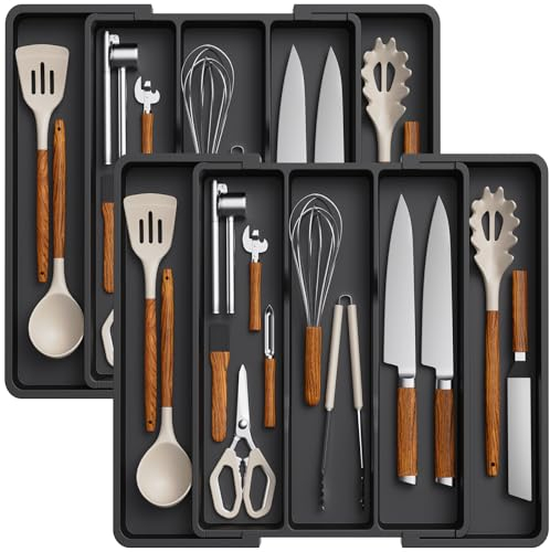 Lifewit besticklåda, förlängningsbar stor besticklåda för köket, justerbar bestickförvaring för silverbestick, plastredskap köksredskap slickepott verktyg och småprylar, Stor, 2 st., Svart