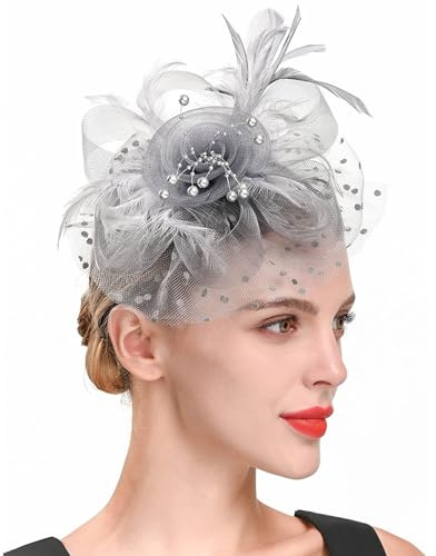 WATEFOER Fascinators per Capelli da Donna Fascinator Chapeau Nuptiale Plumes Cheveux Clip Accessori per Cocktail Tea Party Cerimonia Matrimonio (Grigio, Taglia Unica)