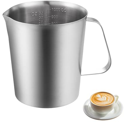 Sporgo Jarra medidora de acero inoxidable: jarra de leche de 1000 ml, jarra de espuma de leche Barista con medición de marca, jarra de espuma de mano, para capuchino, latte y espresso