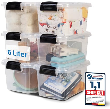 2mGoods - 6er Set 6L robuste Aufbewahrungsboxen mit Deckel L28xB19.5xH15.5 cm inkl. Tragegriff, Plastikboxen, stapelbar, lebensmittelecht, transparente kleine Kisten für Wohnung, Werkstatt & Keller
