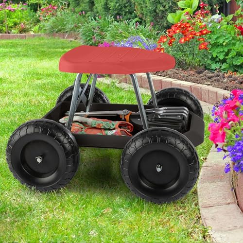 Pure Garden Taburete de jardinería – Asiento de jardín con Ruedas y Bandeja de Herramientas de Almacenamiento – Carro de jardín Scooter – Herramientas de Patio (Rojo y Negro)