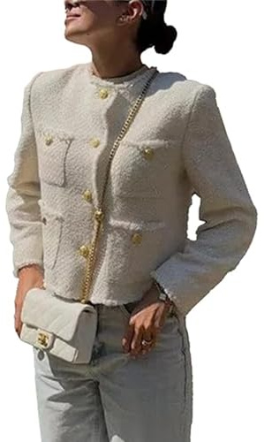 Vestes Blazer en Tweed pour Femmes, Manches Longues Élégantes pour Le Bureau, Le Travail, Les Affaires, Décontractées Veste Courte en Tweed(White,Large)