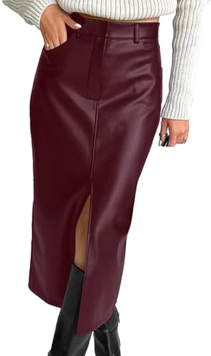 WYLEBER Womens Front Split Leather Pencil Skirt Casual High Waisted Faux Leather Bodycon Midi Skirt for Fall Winter(Burgundy,M)