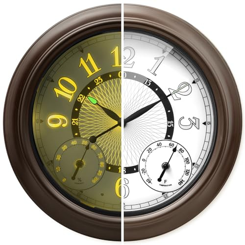 Pytha Sight Garden Clocks Outdoor Waterproof, 18 Inch Illuminated Outdoor Wall Clock with Automatic Light Sensor, Large Metal Weatherproof Clock with Thermometer & Hygrometer for Porch, Patio & Pool