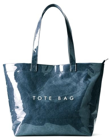 KALIDI PVC Zipper Tote Bag, Kraft Paper Beach Bag Large Hobo Carry All Travel Shopping Handbag Plastic Shoulder Bag (Dark Blue)