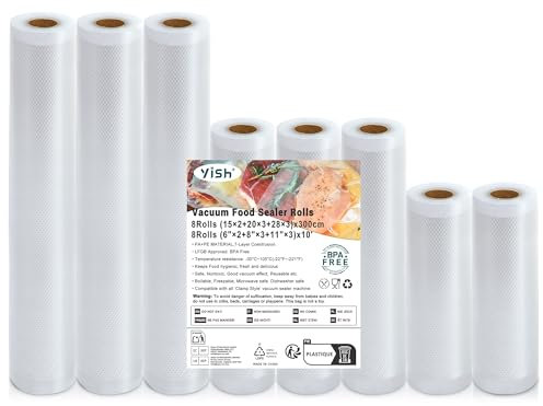 YISH Rouleau Sous Vide Alimentaire 8 Packs：28/20/15/x300 cm Sac Sous Vide Alimentaire 170µm, Film Sous Vide Alimentaire Gaufré pour L'appareil de Mise Sous Vide