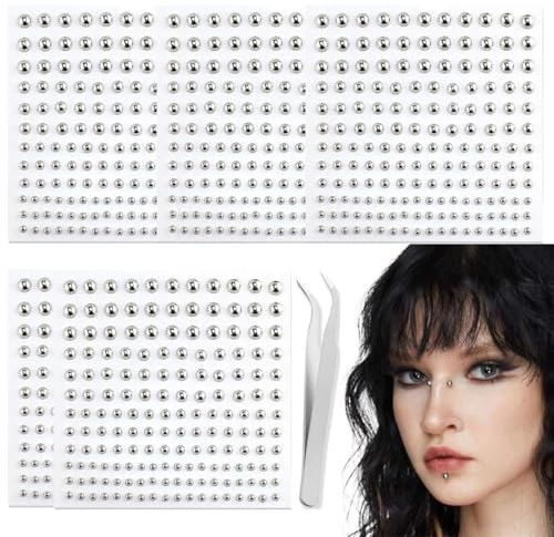 HAMKU 825pcs Faux Piercings à Lèvres Autocollants, Y2K Faux piercing de nez Autocollants, Autocollantes Piercing de Sourcil Punk Faux Lèvres Goujons Boules Argenté non Pénétrant à Coller