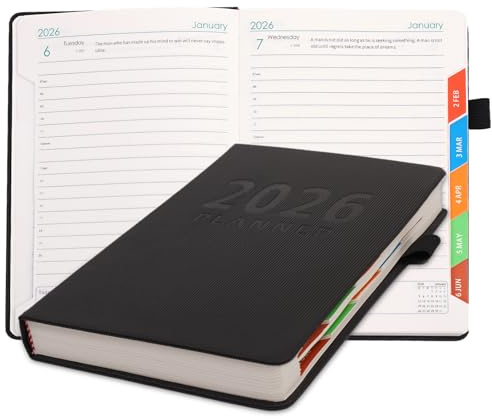 Picoway 2026 Planner A5 400 Pages - Weekly and Monthly Daily Calendar with Thick Paper, One Full Page Per Day Planners from Jan. 2026 - Dec. 2026, Hardcover Notebook ，8.3 x 5.7 (Black)
