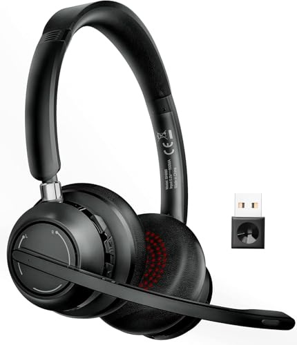 Casque Bluetooth sans fil avec microphone, design supra-auriculaire V5.1 ENC, réduction du bruit, dongle USB, 45 heures d'autonomie, connexion multipoint pour PC, ordinateur portable, Mac, bureau