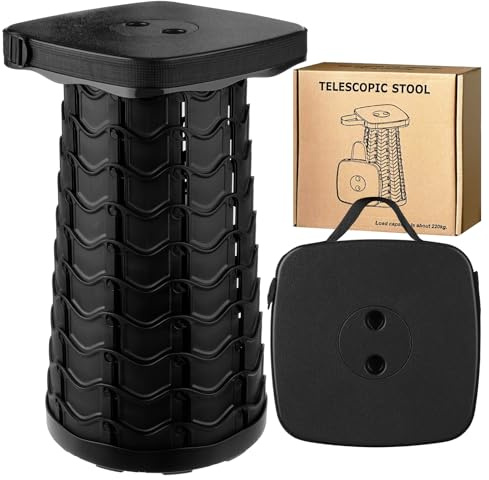 KALBIGRO Sgabello Pieghevole Portatile, Sgabello Telescopico, Sedie da Campeggio Telescopico per Esterno, Pesca, Barbecue, Viaggi, Feste, Giardino, Carico 220 kg/485 lbs, Nero