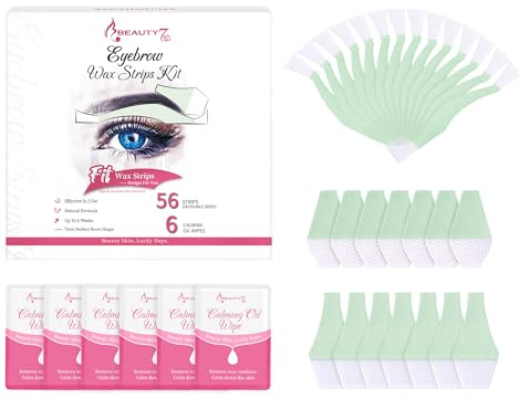 Beauty7 Bandas de Cera Fría Depilatoria para Ceja 56PCS, Tiras Depilatorias para Cejas, Labios y Zonas Pequeñas, Aptas para Todo Tipo de Piel, Kit de Depilación Facial con 6 Toallitas Calmantes