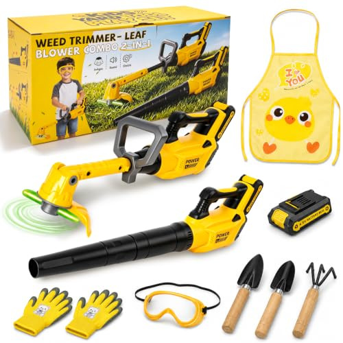 RYJJEEST Tondeuse Enfant 2 en 1 avec Son et Lumière, Souffleur de Feuilles Enfant, Kit Jardinage avec Tablier, Gants, Lunettes et Outils, Jouet Extérieur Enfant 3 Ans, Cadeaux d'anniversaire et Noël