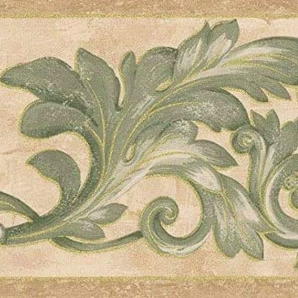 CONCORD WALLCOVERINGS ™ Wallpaper Border Damask Pattern Symmetric Floral Ornaments for Cottage Kitchen Dining Room, Beige Green, 15 Feet by 7 Inches 29423