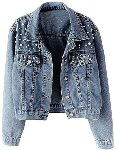 Lazutom Giacca in denim vintage da donna, con perle e perline