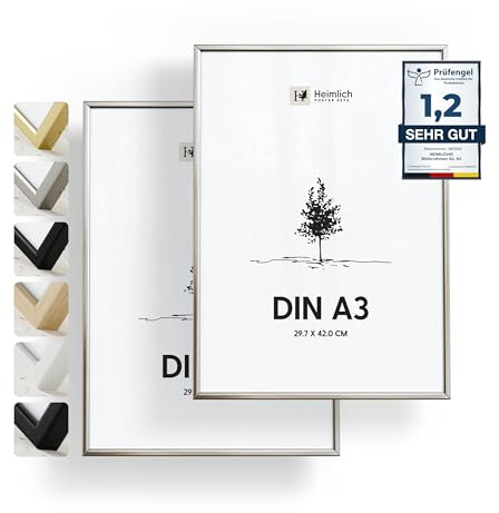Heimlich Fotorahmen aus Aluminium – DIN A3 29,7 x 42 cm, Silber, 2er-Pack | Heimlich® – Stabiler Bilderrahmen Aus Metall – Rahmen Für Kleine Poster-Drucke – Nur Wandhalterung