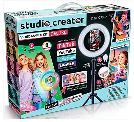 Studio Creator Video Maker Kit Deluxe, Colour LED Ring Light + XL Green Screen, 1m Tripod, Remote, Clip-On Selfie Ring Light + Guide. For Ages 8+