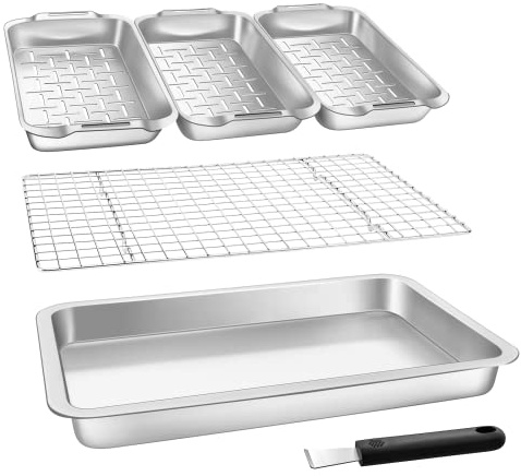 VIKEYHOME Grill Carry System, 6-Piece Stainless Steel Large Food Prep Tray, 16.5 x 11 Pan, Outdoor Grill with Cooling Rack for Vegetables, Fish, Meat, Great Grilling Gifts for Men