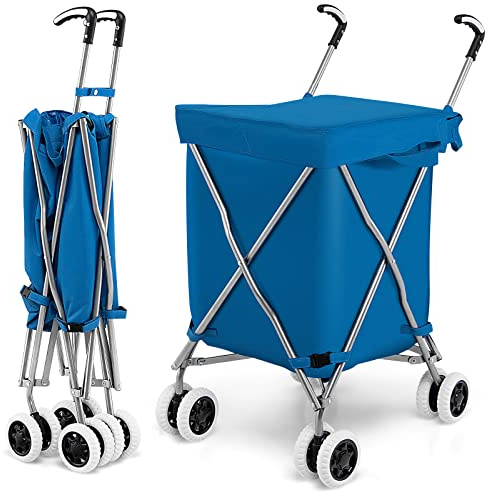 COSTWAY 90L Folding Shopping Trolley, 8-Wheel Large Utility Push Cart with Removable Waterproof Bag and Cover, Metal Lightweight Rolling Grocery Trolley for Mobility (Blue)