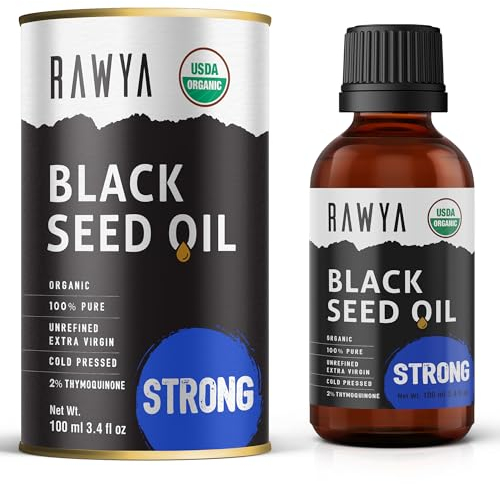 Rawya Black Seed Oil, Organic, 100 ml, Extra Strong Taste, High TQ, Cold Pressed, Glass Bottle, Nigella Sativa, Black Cumin Seed, Great for Hair and Skin Care, Immune Booster