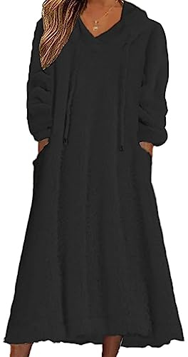 shownicer Abito Felpato in Pile Donna Vestito Elegante Lungo Felpa con Cappuccio Manica Lunga Tinta Unita Abito Super Spessore Caldo Hoodie con Tasche A Nero XL