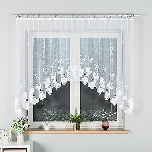 Gardinen Vorhangen Weiß 250x120 cm (BxH) Maggiore Bogen Küchengardinen Stores Gardinen Kurz Jacquard Scheibengardine Wohnzimmer Vorhänge Fertiggardine Kurzstores Blumen