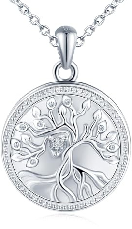Yumilok livsträd kedja damer 925 sterlingsilver hjärta halsband zirkon stamträd hänge kedja för kvinnor rund medaljong att öppna för bilder foto, 2.4 cm x 2.4 cm