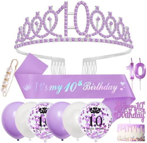 Fantspati 10 Anni Compleanno Ragazza: Corona, Fascia, Palloncini, Candela e Cake Topper Viola