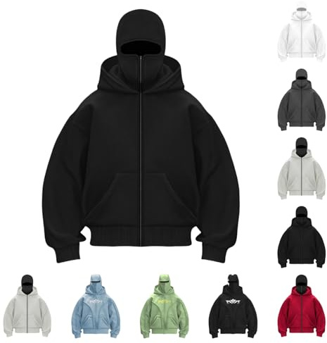 YCBMINGCAN Pasamontañas con Capucha para Hombre con Cremallera, Chaqueta de Sudadera Y2K Balaclava Zip con Máscara, Sudadera con Capucha Oversize Gótica, Chaqueta Hip Hop para Hombres Otoño Invierno