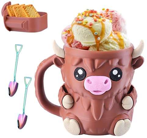 Highland Cow Ice Cream Holder, Ice Cream Pint Sleeves Cover with 2 Spoon & Handle, Cute Animal ICES Creams Cooler Container Leakproof Popsicle Cozy Beer Can Cup, Highland Cow Lover Gifts