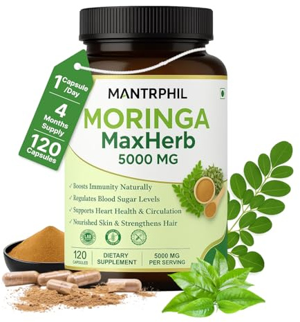 Moringa Capsules 5000mg - 4 -Month Supply | 120 High-Strength Moringa Capsules | Pure Potent Leaf Extract - No Additives | Vegan, Non-GMO & Lab-Tested