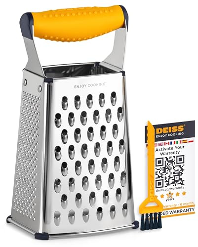 Deiss PRO Box Grater & Cheese Graters for Kitchen - Stainless Steel Cheese Grater and Food Shredder, 4 Sided Hand Grater for Block Cheese, Vegetables, Non-Slip Base, Dishwasher Safe