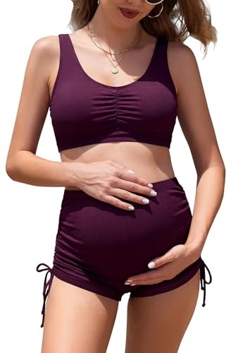 SHEKINI Womens Maternity Bikini Set Padded Bikini Top Boyshorts | Adjustable Straps, U-Neck, Removable Pads, High Waist, Side Drawstring, Ruched Tummy Control Swimwear, Quick Dry, Ribbed Knit