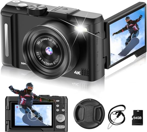 4K Digital Camera for Photography, 3 180° Flip Screen with 64GB Card