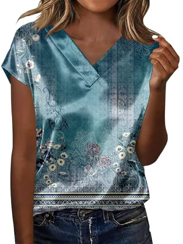 Leaomuny Camicia Raso Donna Fantasia Vintage Slim Fit Camicetta Elegante Taglie Forti Maniche Corte Tops Curvy Scollo a V Blusa Eleganti Blouses Oversize Seta Estiva per Casa Shirt Cerimonia Camicie