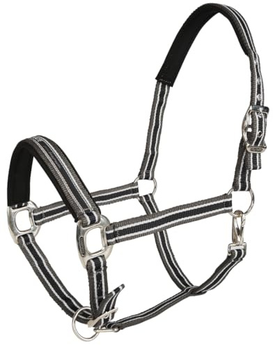 Equinate Oakley Headcollar Warmblood Grey/Black Double Adjustable with Padding - Ergonomic Stable Halter with Soft Neck and Nose Area - Easy-Care Pasture Halter