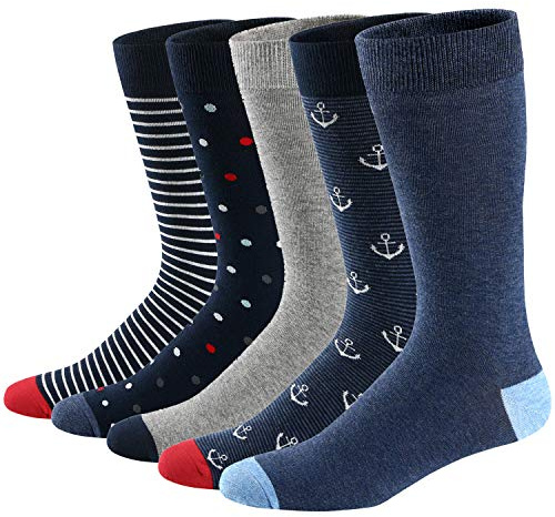 Ueither Men's Fun Dress Socks Colorful Funky Patterned Cotton Crew Socks (Color 9 (5 Pairs),8-13.5)