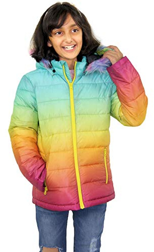 A2Z 4 Kids Flickor Puffer Jacka Faux Päls Hooded 2 Tona 3D Urblekt Mode - Jacket JK22 Rainbow 9-10