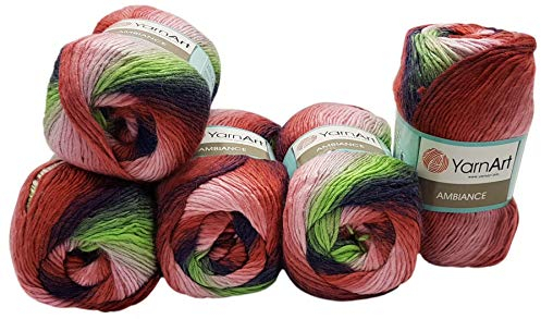 Ilkadim 5 x 100 g YarnArt Ambiance Strickwolle Mehrfarbig mit Farbverlauf, 500 Gramm Strickgarn mit 20% Wolle-Anteil (lila rot rosa Mint 150)