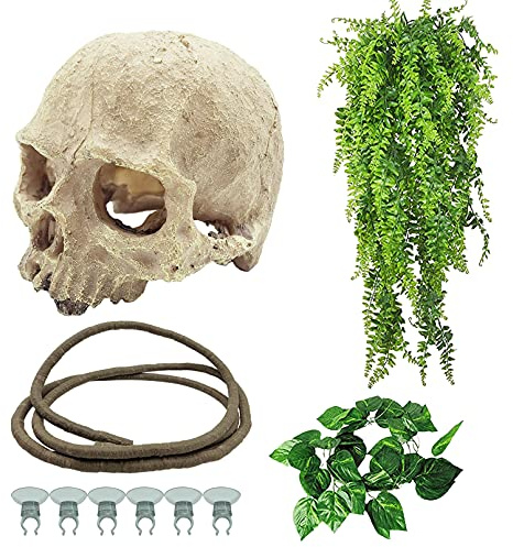 Tfwadmx Reptiles Skull Hide Decorations Bearded Dragon Tank Accessories Terrarium Ornament Gecko Hideouts Cave Snake Habitat Jungle Climber Bendable Vines Leaves for Lizards,Chameleon,Spider (4 Pcs)
