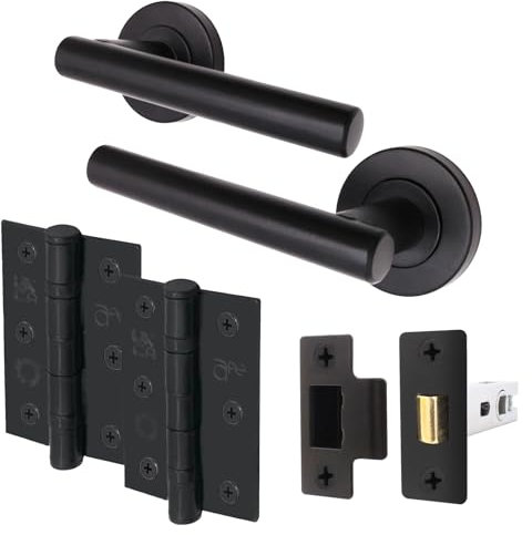 EAI Black Door Handle Latch Set | Round T-Bar Internal Door Handles, Latch (64mm), Hinges (76mm)| Matt Black Lever on Rose | Oliena Range
