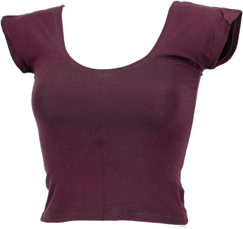GURU SHOP Bauchfreies Goa Psytrance Pixi Shirt, Choli Top - Weinrot, Damen, Synthetisch, Size:L
